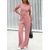 imagePRETTYGARDEN Womens 2 Piece Outfits Summer 2026 Ribbed Knit Button Short Sleeve Tops Casual Wide Leg Pants Lounge SetsPink
