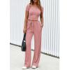 imagePRETTYGARDEN Womens 2 Piece Outfits Summer 2026 Ribbed Knit Button Short Sleeve Tops Casual Wide Leg Pants Lounge SetsPink