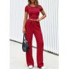 imagePRETTYGARDEN Womens 2 Piece Outfits Summer 2026 Ribbed Knit Button Short Sleeve Tops Casual Wide Leg Pants Lounge SetsRed