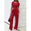 imagePRETTYGARDEN Womens 2 Piece Outfits Summer 2026 Ribbed Knit Button Short Sleeve Tops Casual Wide Leg Pants Lounge SetsRed