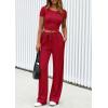 imagePRETTYGARDEN Womens 2 Piece Outfits Summer 2026 Ribbed Knit Button Short Sleeve Tops Casual Wide Leg Pants Lounge SetsRed