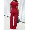 imagePRETTYGARDEN Womens 2 Piece Outfits Summer 2026 Ribbed Knit Button Short Sleeve Tops Casual Wide Leg Pants Lounge SetsRed