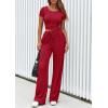 imagePRETTYGARDEN Womens 2 Piece Outfits Summer 2026 Ribbed Knit Button Short Sleeve Tops Casual Wide Leg Pants Lounge SetsRed