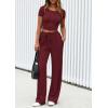 imagePRETTYGARDEN Womens 2 Piece Outfits Summer 2026 Ribbed Knit Button Short Sleeve Tops Casual Wide Leg Pants Lounge SetsWine Red