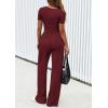 imagePRETTYGARDEN Womens 2 Piece Outfits Summer 2026 Ribbed Knit Button Short Sleeve Tops Casual Wide Leg Pants Lounge SetsWine Red