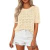 imagePRETTYGARDEN Womens Short Sleeve Sweater Trendy Crochet Summer Tops 2026 Casual Hollow Out Shirts Beach Vacation ClothesBeige