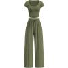 imagePRETTYGARDEN Womens 2 Piece Matching Lounge Sets Ribbed Short Sleeve Crop Tops Wide Leg Pants 2026 Summer Airport OutfitsArmy Green