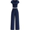 imagePRETTYGARDEN Womens 2 Piece Matching Lounge Sets Ribbed Short Sleeve Crop Tops Wide Leg Pants 2026 Summer Airport OutfitsNavy Blue