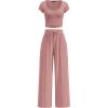 imagePRETTYGARDEN Womens 2 Piece Matching Lounge Sets Ribbed Short Sleeve Crop Tops Wide Leg Pants 2026 Summer Airport OutfitsPink