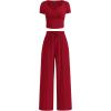 imagePRETTYGARDEN Womens 2 Piece Outfits Summer 2026 Ribbed Knit Button Short Sleeve Tops Casual Wide Leg Pants Lounge SetsRed