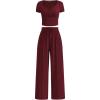 imagePRETTYGARDEN Womens 2 Piece Outfits Summer 2026 Ribbed Knit Button Short Sleeve Tops Casual Wide Leg Pants Lounge SetsWine Red