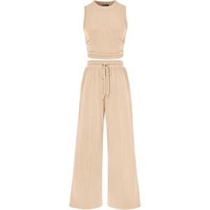 imagePRETTYGARDEN 2 Piece Sets for Women Summer Casual 2026 Spring Sleeveless Tank Ribbed Travel Vacation Lounge Wear OutfitsApricot