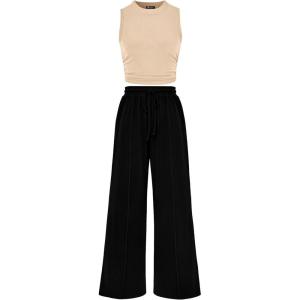 imagePRETTYGARDEN 2 Piece Sets for Women Summer Casual 2026 Spring Sleeveless Tank Ribbed Travel Vacation Lounge Wear OutfitsApricot Black