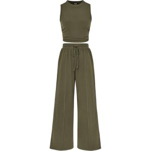 imagePRETTYGARDEN 2 Piece Sets for Women Summer Casual 2026 Spring Sleeveless Tank Ribbed Travel Vacation Lounge Wear OutfitsArmy Green
