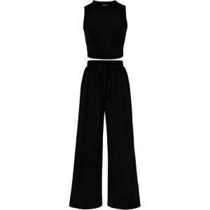 imagePRETTYGARDEN 2 Piece Sets for Women Summer Casual 2026 Spring Sleeveless Tank Ribbed Travel Vacation Lounge Wear OutfitsBlack