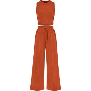 imagePRETTYGARDEN 2 Piece Sets for Women Summer Casual 2026 Spring Sleeveless Tank Ribbed Travel Vacation Lounge Wear OutfitsBrick Red