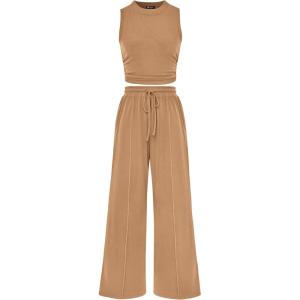 imagePRETTYGARDEN 2 Piece Sets for Women Summer Casual 2026 Spring Sleeveless Tank Ribbed Travel Vacation Lounge Wear OutfitsCamel