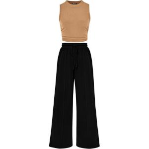 imagePRETTYGARDEN 2 Piece Sets for Women Summer Casual 2026 Spring Sleeveless Tank Ribbed Travel Vacation Lounge Wear OutfitsCamel Black