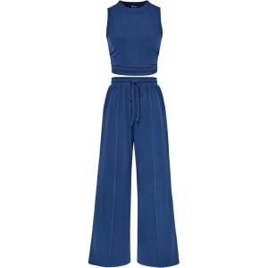 imagePRETTYGARDEN 2 Piece Sets for Women Summer Casual 2026 Spring Sleeveless Tank Ribbed Travel Vacation Lounge Wear OutfitsDark Blue