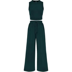 imagePRETTYGARDEN 2 Piece Sets for Women Summer Casual 2026 Spring Sleeveless Tank Ribbed Travel Vacation Lounge Wear OutfitsDark Green