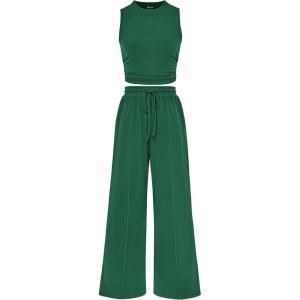 imagePRETTYGARDEN 2 Piece Sets for Women Summer Casual 2026 Spring Sleeveless Tank Ribbed Travel Vacation Lounge Wear OutfitsGreen