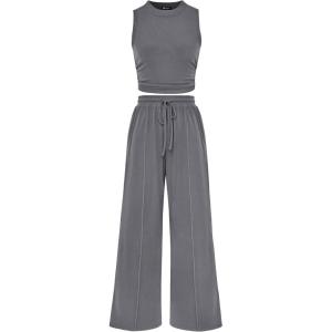 imagePRETTYGARDEN 2 Piece Sets for Women Summer Casual 2026 Spring Sleeveless Tank Ribbed Travel Vacation Lounge Wear OutfitsGrey