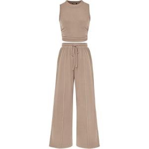 imagePRETTYGARDEN 2 Piece Sets for Women Summer Casual 2026 Spring Sleeveless Tank Ribbed Travel Vacation Lounge Wear OutfitsKhaki