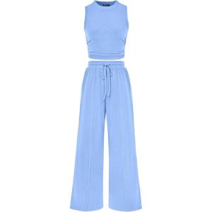imagePRETTYGARDEN 2 Piece Sets for Women Summer Casual 2026 Spring Sleeveless Tank Ribbed Travel Vacation Lounge Wear OutfitsLight Blue