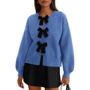imagePRETTYGARDEN Cardigan Sweaters for Women Fall Fashion 2026 Bow Tie Front Long Sleeve Knit Sweater Tops Cute Winter ClothesBlue