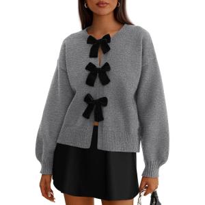 imagePRETTYGARDEN Cardigan Sweaters for Women Fall Fashion 2026 Bow Tie Front Long Sleeve Knit Sweater Tops Cute Winter ClothesGrey