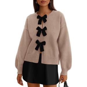 imagePRETTYGARDEN Cardigan Sweaters for Women Fall Fashion 2026 Bow Tie Front Long Sleeve Knit Sweater Tops Cute Winter ClothesKhaki