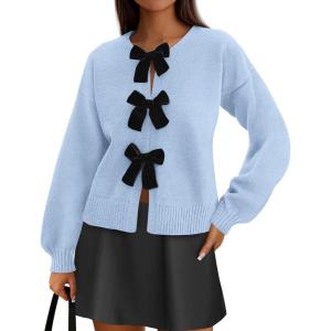 imagePRETTYGARDEN Cardigan Sweaters for Women Fall Fashion 2026 Bow Tie Front Long Sleeve Knit Sweater Tops Cute Winter ClothesLight Blue