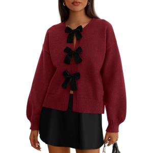 imagePRETTYGARDEN Cardigan Sweaters for Women Fall Fashion 2026 Bow Tie Front Long Sleeve Knit Sweater Tops Cute Winter ClothesRed