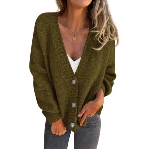 imagePRETTYGARDEN Cardigan Sweaters for Women Trendy Fall 2026 Long Sleeve Button Down Oversized Chunky Knit Sweater OuterwearArmy Green
