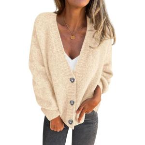 imagePRETTYGARDEN Cardigan Sweaters for Women Trendy Fall 2026 Long Sleeve Button Down Oversized Chunky Knit Sweater OuterwearBeige