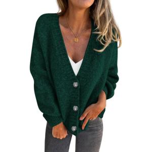 imagePRETTYGARDEN Cardigan Sweaters for Women Trendy Fall 2026 Long Sleeve Button Down Oversized Chunky Knit Sweater OuterwearDark Green