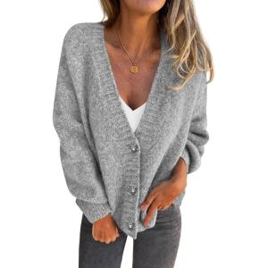 imagePRETTYGARDEN Cardigan Sweaters for Women Trendy Fall 2026 Long Sleeve Button Down Oversized Chunky Knit Sweater OuterwearGrey