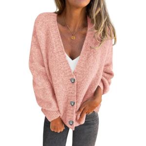 imagePRETTYGARDEN Cardigan Sweaters for Women Trendy Fall 2026 Long Sleeve Button Down Oversized Chunky Knit Sweater OuterwearPink
