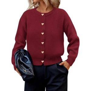imagePRETTYGARDEN Cardigan for Women 2026 Fall Fashion Long Sleeve Trendy Button Down Work Office Sweaters Cute Winter JacketBurgundy