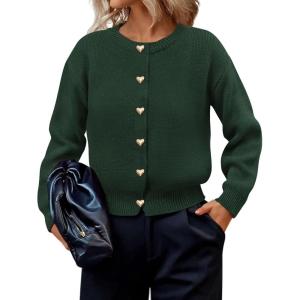 imagePRETTYGARDEN Cardigan for Women 2026 Fall Fashion Long Sleeve Trendy Button Down Work Office Sweaters Cute Winter JacketDark Green