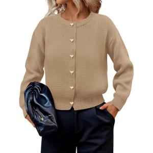 imagePRETTYGARDEN Cardigan for Women 2026 Fall Fashion Long Sleeve Trendy Button Down Work Office Sweaters Cute Winter JacketKhaki