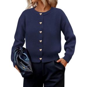imagePRETTYGARDEN Cardigan for Women 2026 Fall Fashion Long Sleeve Trendy Button Down Work Office Sweaters Cute Winter JacketNavy