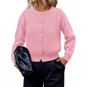 imagePRETTYGARDEN Cardigan for Women 2026 Fall Fashion Long Sleeve Trendy Button Down Work Office Sweaters Cute Winter JacketPink