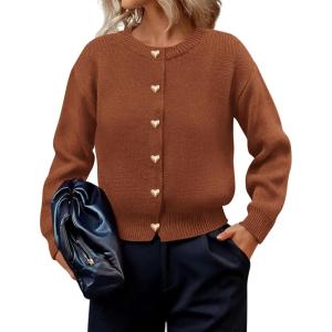 imagePRETTYGARDEN Cardigan for Women 2026 Fall Fashion Long Sleeve Trendy Button Down Work Office Sweaters Cute Winter JacketRed Brown