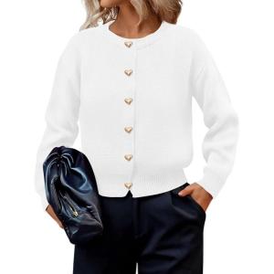imagePRETTYGARDEN Cardigan for Women 2026 Fall Fashion Long Sleeve Trendy Button Down Work Office Sweaters Cute Winter JacketWhite