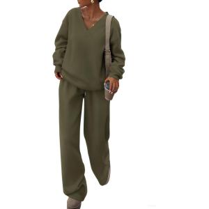 imagePRETTYGARDEN Casual Winter Two Piece Sets for Women 2026 V Neck Sweatshirt Loose Wide Leg Pants Tracksuit Knit Fall OutfitsArmy Green