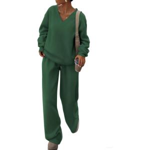 imagePRETTYGARDEN Casual Winter Two Piece Sets for Women 2026 V Neck Sweatshirt Loose Wide Leg Pants Tracksuit Knit Fall OutfitsDark Green