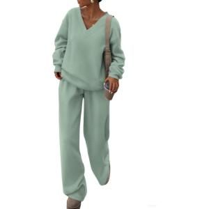 imagePRETTYGARDEN Casual Winter Two Piece Sets for Women 2026 V Neck Sweatshirt Loose Wide Leg Pants Tracksuit Knit Fall OutfitsGrey Green