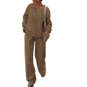 imagePRETTYGARDEN Casual Winter Two Piece Sets for Women 2026 V Neck Sweatshirt Loose Wide Leg Pants Tracksuit Knit Fall OutfitsKhaki