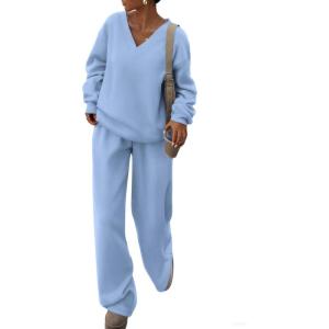 imagePRETTYGARDEN Casual Winter Two Piece Sets for Women 2026 V Neck Sweatshirt Loose Wide Leg Pants Tracksuit Knit Fall OutfitsLight Blue